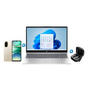 Celular Xiaomi Redmi A5 128GB 4GB Sandy Gold + Laptop HP Ryzen 3 15.6" 8GB 512GB + Auriculares inalámbricos Telstar
